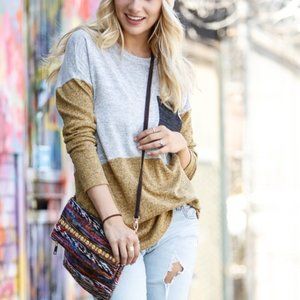 Trendy Color Block Long Sleeve Top Shirt Sweater